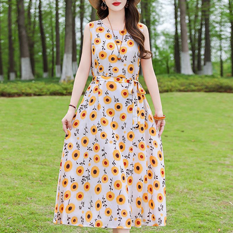Casual Summer Dresses for Women Vintage Clothes Loose Sleeveless Plus Size Elegant Long Dress With Belt
