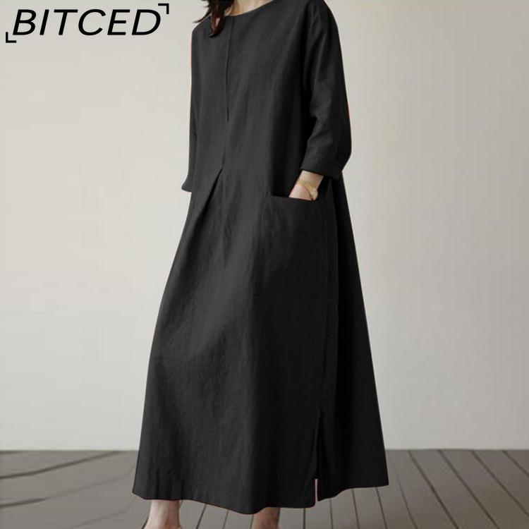 

BITCED Женское повседневное хлопковое длинное платье с круглым вырезом и рукавами 3/4 Повседневные платья S