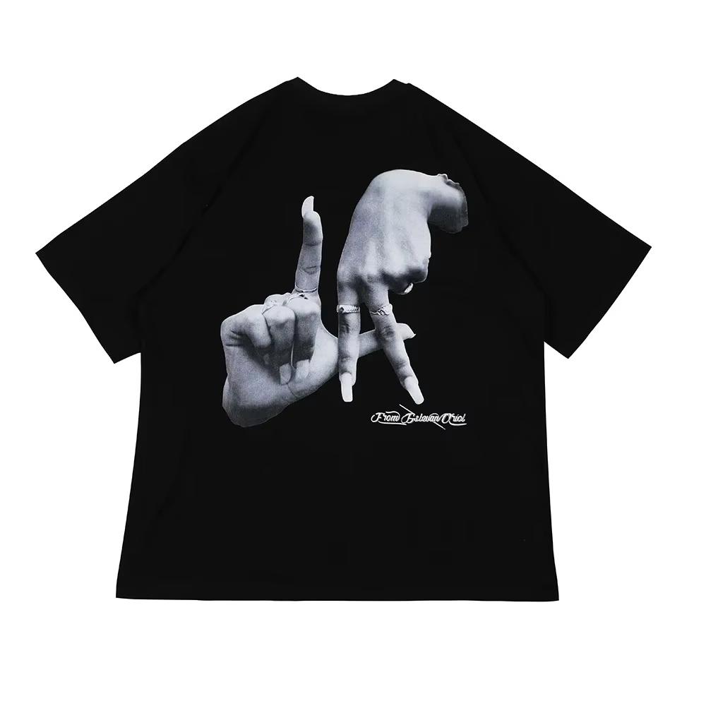 Finger Cross Print White Black Y2K Tshirts for Men and Women Short Sleeve Streetwear 100% Cotton Loose Tops Breathable Tee