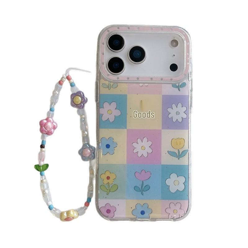 Spring Floral Grid Chain Phone Case for iPhone 17/16 Pro Max/15 Pro