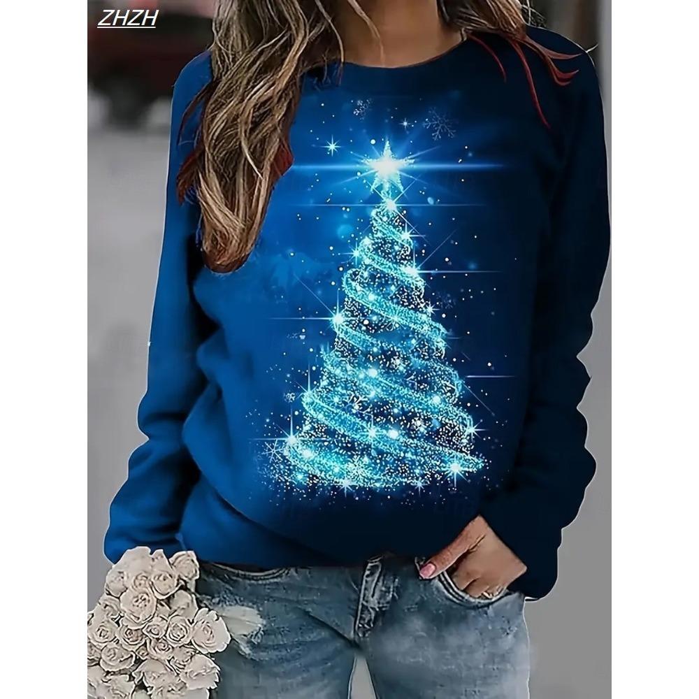 Women's Christmas Animal Tree Print Sweatshirt, Long Sleeve Crewneck Pullover, Casual Street Style, Spring Fall Holiday Fashion