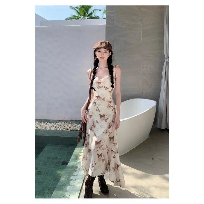 

Butterfly print swinging collar suspender dress women s summer French temperament waist thin irregular vacation long skirt XL