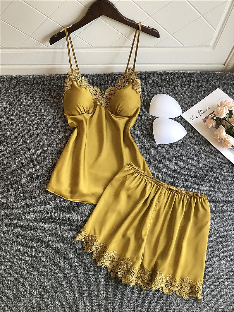 

Кружевные сексуальные женские пижамы, летние ледяные шелковые шорты с нагрудником, ночная рубашка, шорты, комплект из двух предметов, одежда для сна XL жёлтый