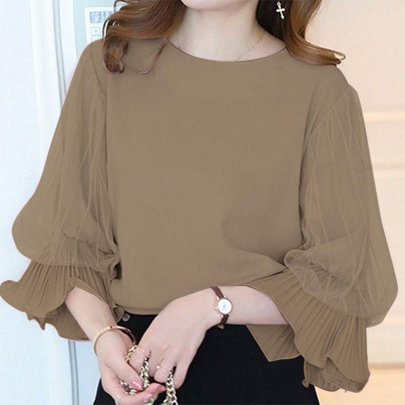 

ZANZEA Женские весенние блузки с круглым вырезом и рукавом-фонариком 3/4 из сетчатой ткани в складку 3XL хаки