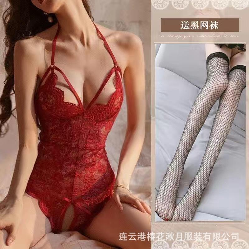 Sexy Female Sexy Backless Perspective Tight Lace Onesie Open Crotch Free of Temptation A99