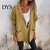 Solid Color Jacket Women Autumn Winter Lapel Collar Loose Casual Coat with Pocket Single-breasted Long Sleeves Top