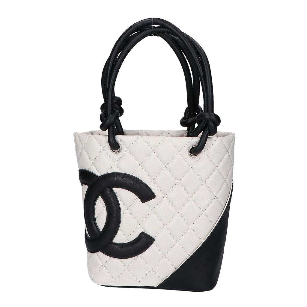 CHANEL A25166 Cambon Line Lambskin Small Tote Bag Handbag Black x whiteUsed