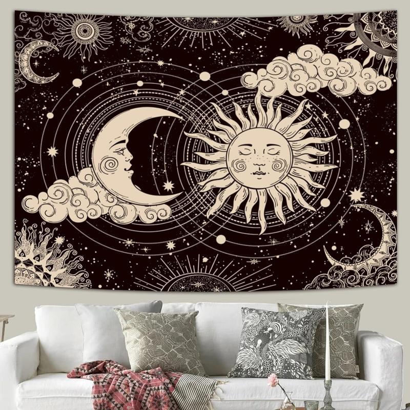 VIKAMA Mystic Cosmos Sun Moon Tapestry Celestial Orbit Totem Pattern Backdrop Living Room Artistic Decorative Tapestry