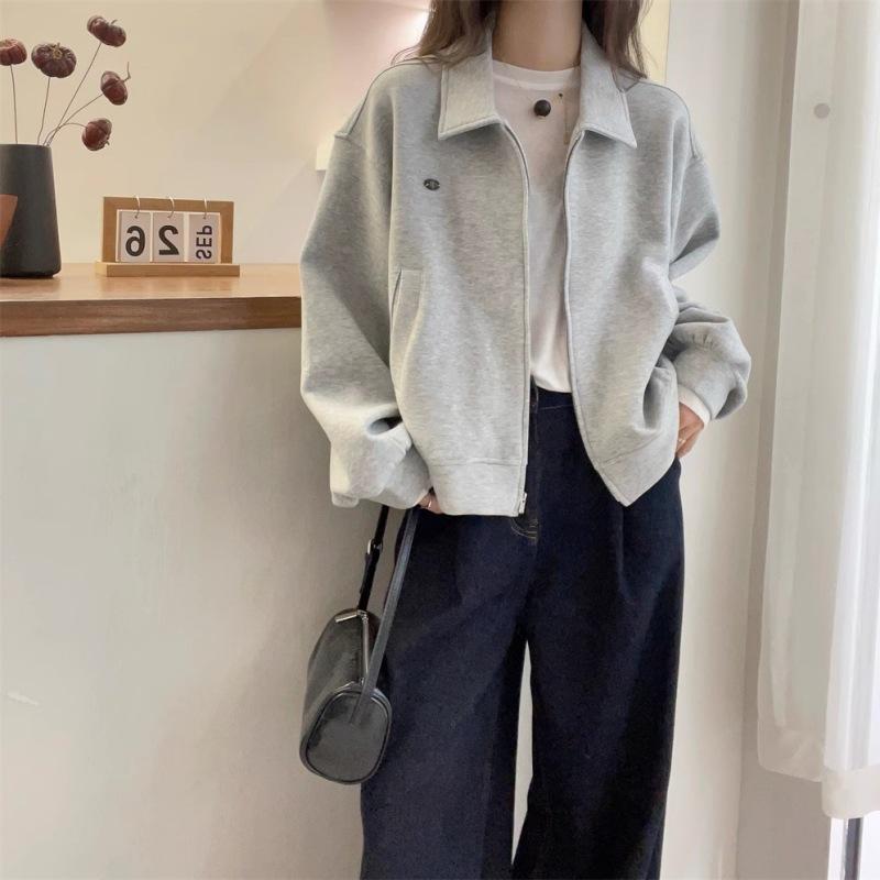Women s Plus Size Loose-Fit Polo Collar Gray Sweatshirt Jacket, 2025 Spring/Autumn Collection M (42.5-50 kg)