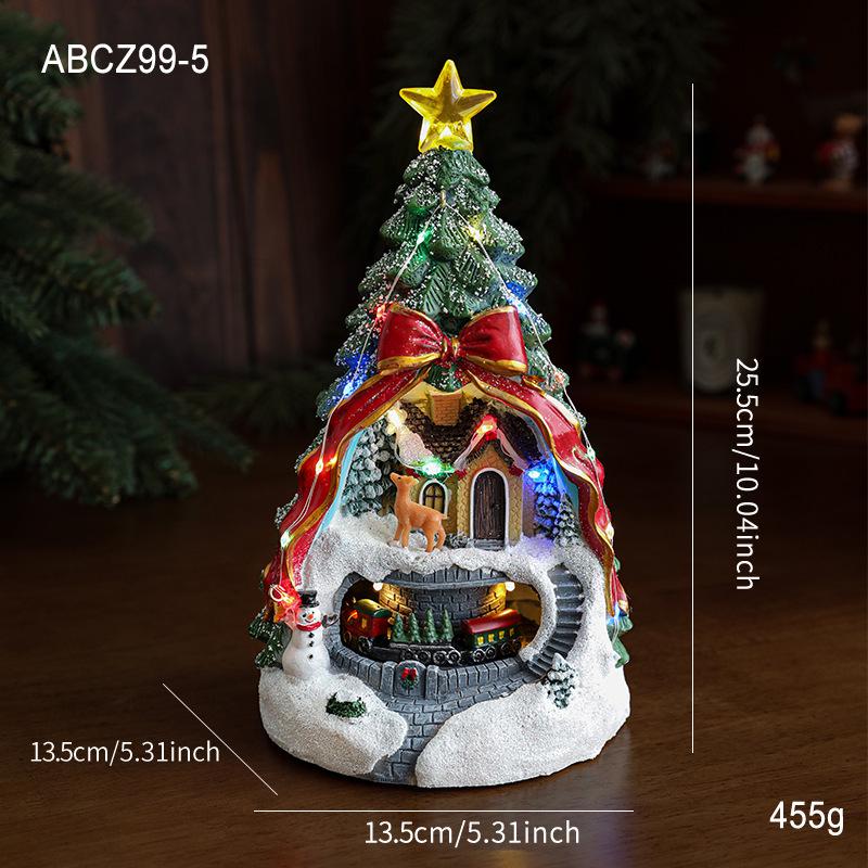 Resin Christmas House Music Box with Rotating Train and Luminous Lights - Tabletop Ornament Decoration