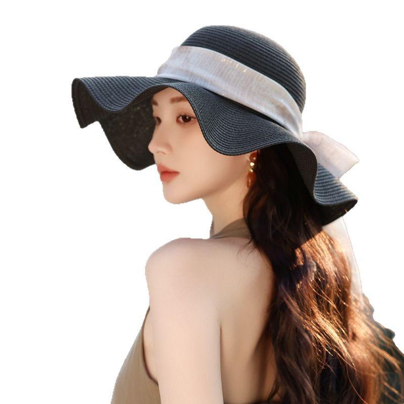 Summer new hat women's outdoor travel Lafite straw hat wave along bow sun hat sun hat