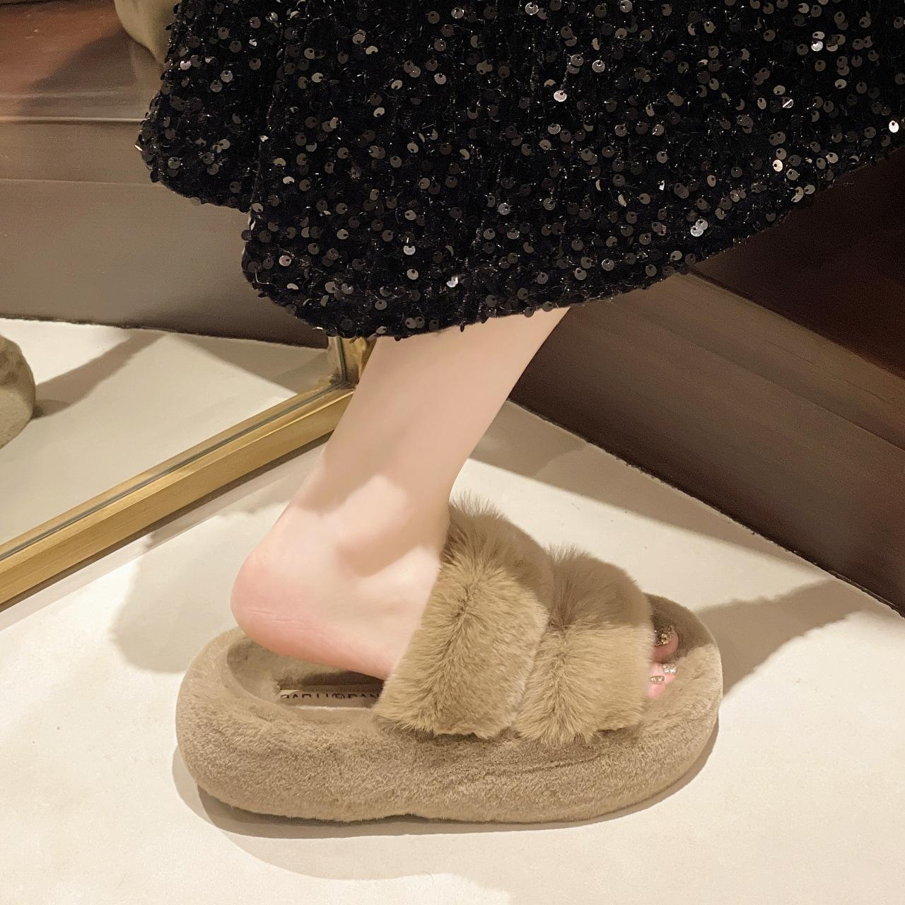 

Wool slippers women wear 100% really lazy rabbit hair 2024 spring and autumn new thick-bottomed plush office cotton slippers 35 чёрный
