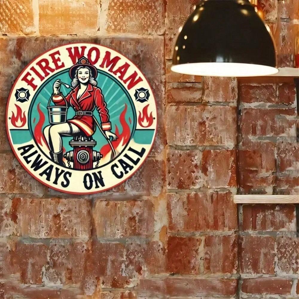 Fire Woman Female Firefighter Round Metal Wall Art Sign, Aluminum Decor For Home Room
