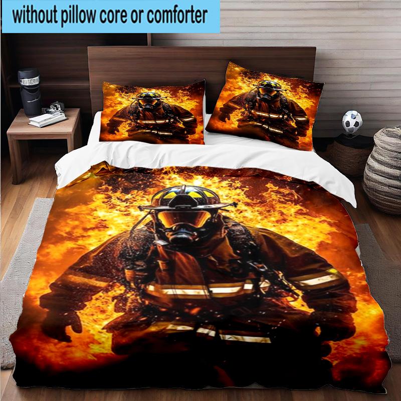 Firefighter Braving Flames 3pcs Bedding,Including 1pc Duvet Cover And 2pcs Pillowcases Perfect for Christmas,Ideal for Bedroom, Dormitory