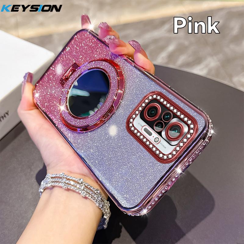 KEYSION Glitter Jewelled Magnetic Phone Case for Xiaomi M5S Makeup Mirror Stand Shockproof Cover for Redmi Note 10 10S 10 Pro 4G
