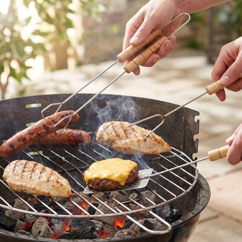 3Pcs Wood Long Handle BBQ Spatula Tongs Fork Set Heat Resistant Barbecue Utensils Grilling Picnic