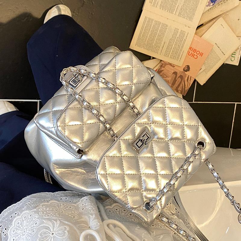 New High-end Fashion Light Luxury Pumping Belt Embroidered Thread Rhombus Backpack Versatile Women's Backpack Bag