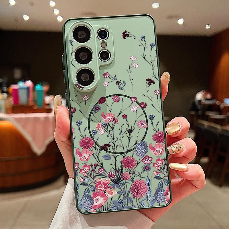 Retro Hot Pink Flower Pattern Case For Samsung Galaxy S26 Ultra S25 Edge S24 Plus S23 FE S22 A54 A55 A56 5G Magnetic For Magsafe Matte Cover