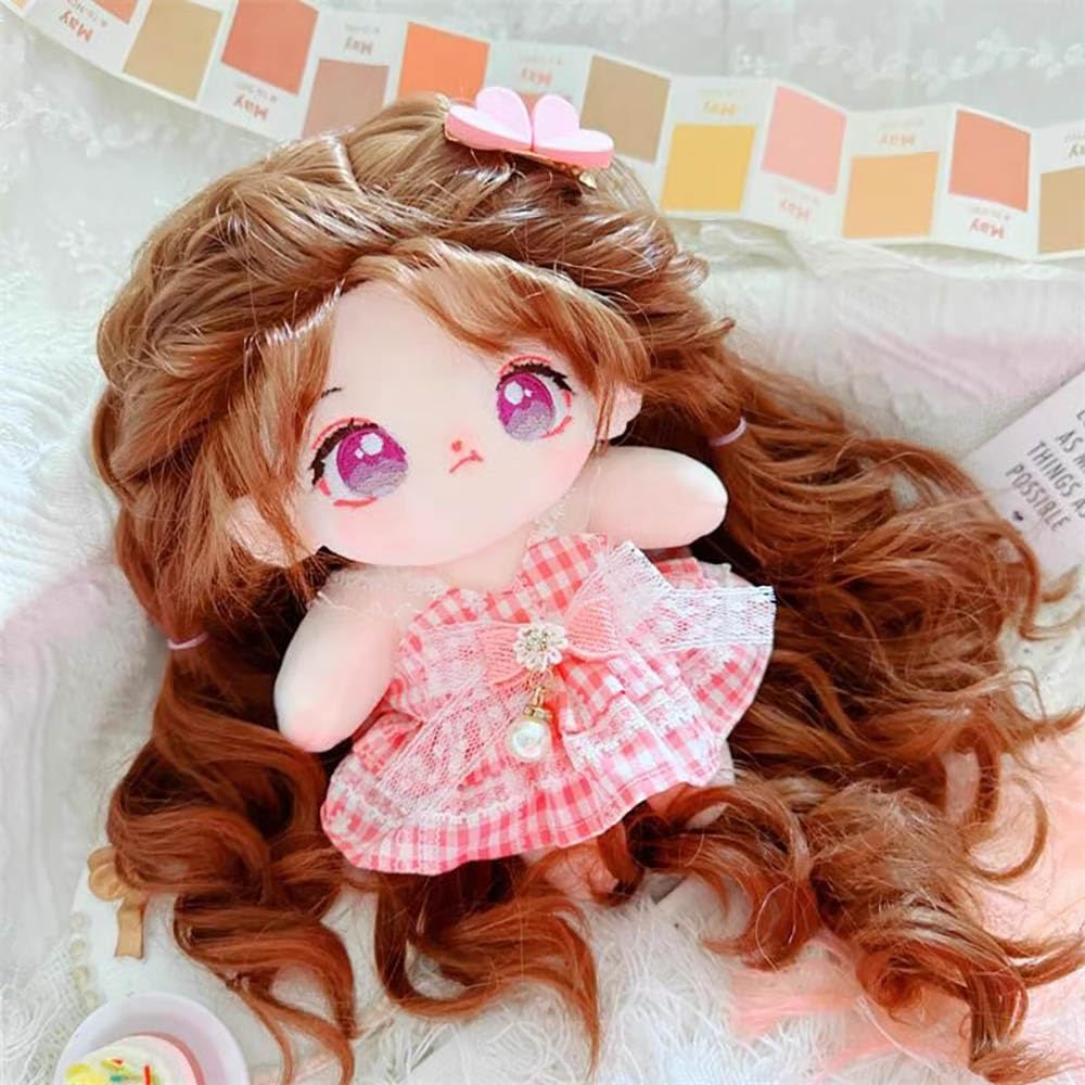 Niannyyhouse 20cm Cotton Doll Plush Toy Wavy Long Hair Girl Fried Hair No Attribute Doll Dress Up (5-Skeleton Included)