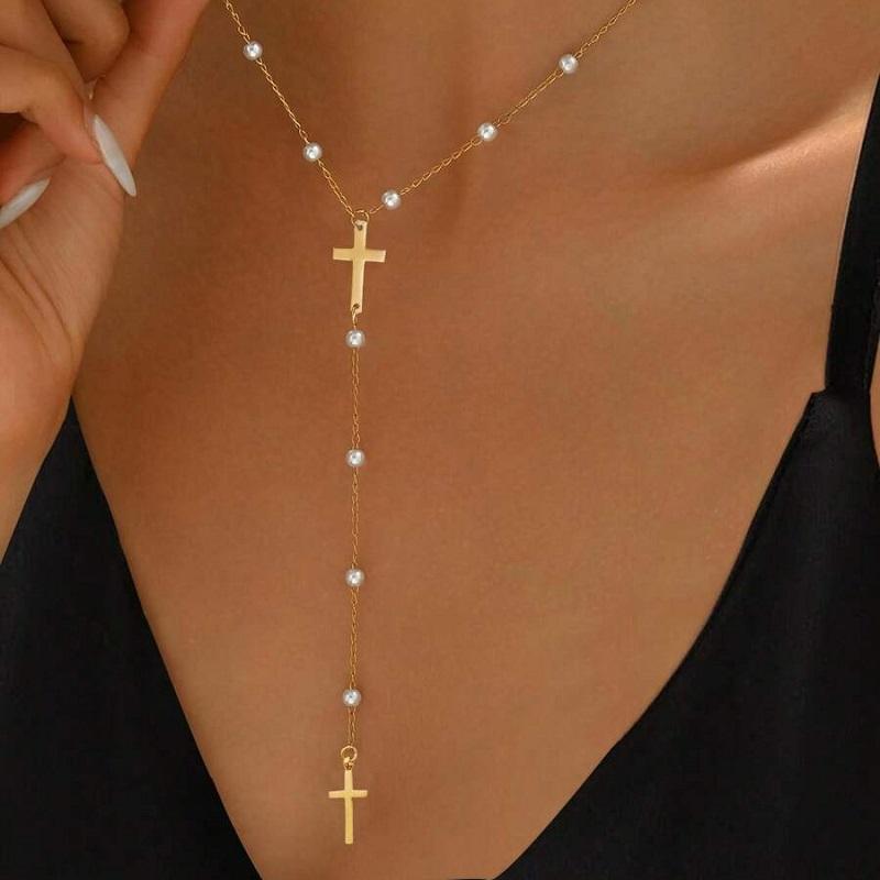 Stainless Steel Cross Bead Pendant Necklace for Women Simple Metal Inlaid Zircon Long Y-Shaped Clavicle Chain Aesthetic Jewelry