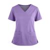 Women's Fashionable Solid Color V-neck Double Pocket Short Sleeved Shirt With Slit Hem Uniform And Worker Top