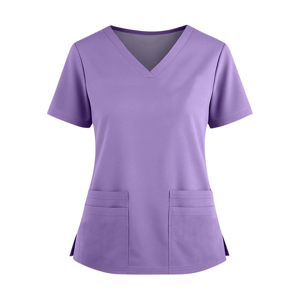 Women's Fashionable Solid Color V-neck Double Pocket Short Sleeved Shirt With Slit Hem Uniform And Worker Top