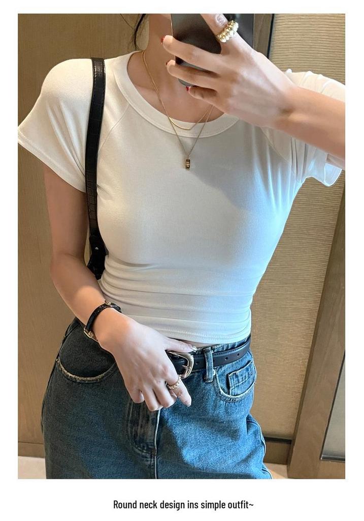 American Style Round Neck Short Sleeve Women's Summer Slimming Bodycon T-shirt - Versatile Hot Girl Base Layer Top
