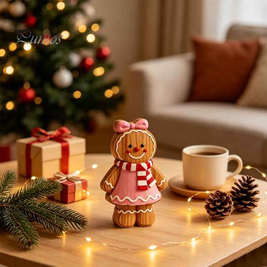 Christmas Gingerbread Man Ornaments Cartoon Wooden Ornament, Double-sided Printed Desktop Tabletop Figurines, Decorative Signs Craft for Home