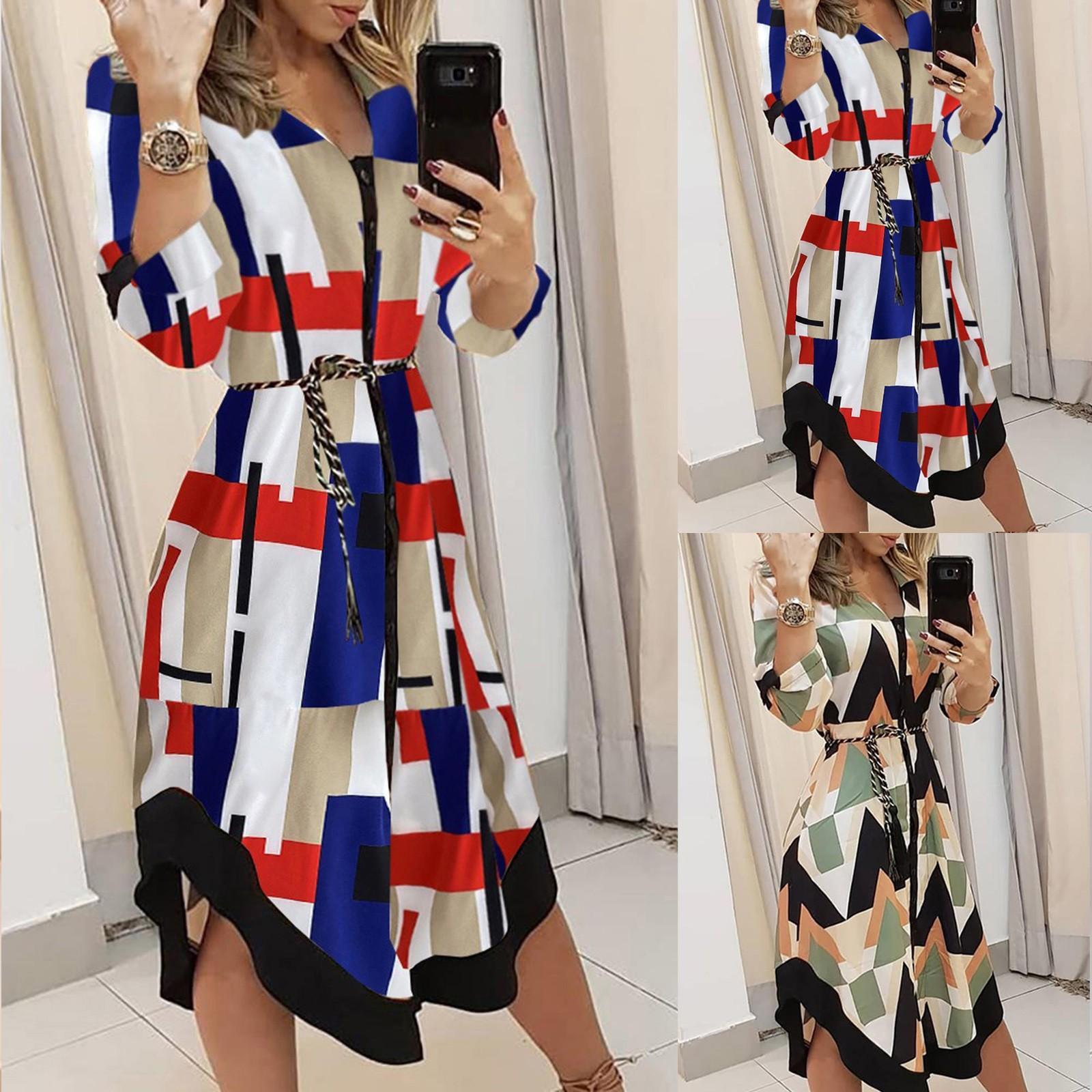 

Женское платье-рубашка в стиле бохо с длинным рукавом и пуговицами, длинное платье