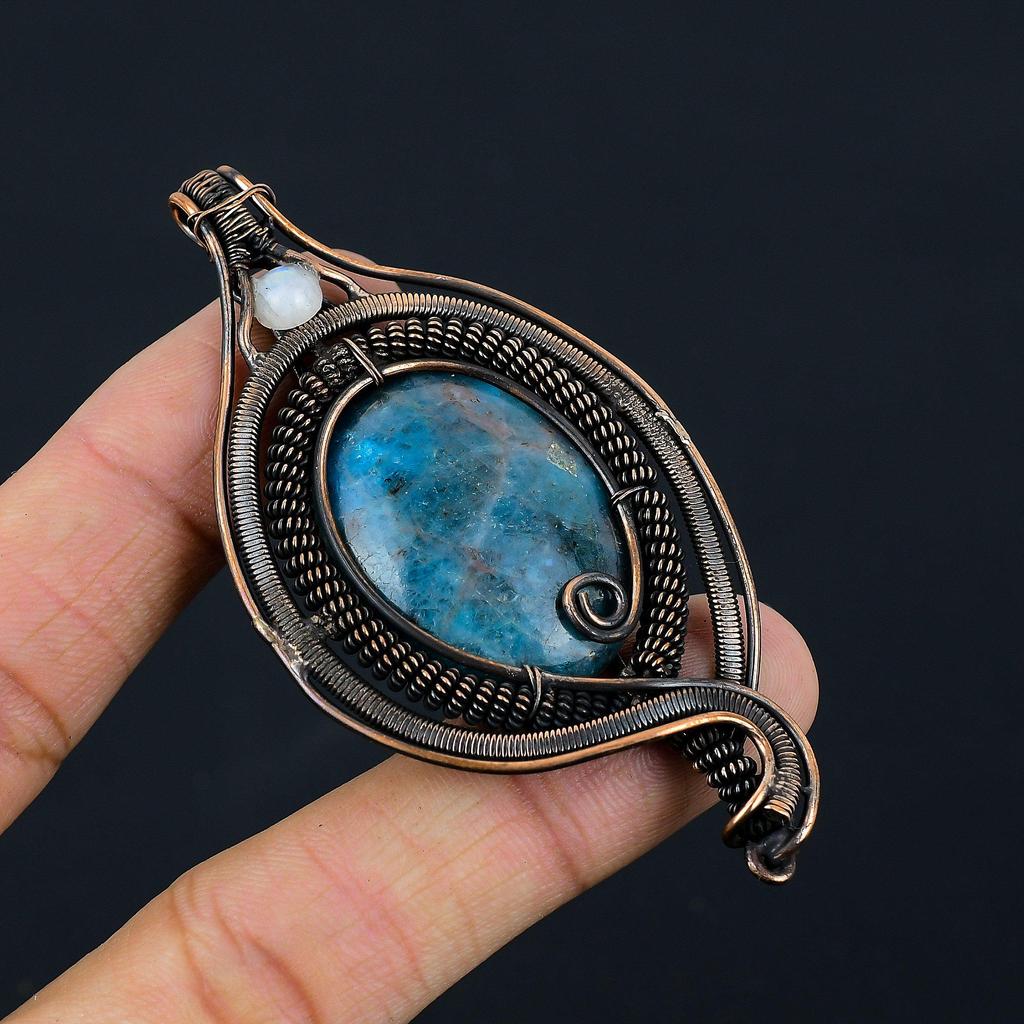 Neon Apatite, Moonstone Gemstone Pure Copper Wire Wrapped Designer Handmade Pendant Jewelry Gift For Woman