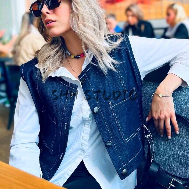 Summer New Women clothes French style Minimalist round Neck Sleeveless Single-Breasted Short Denim Vest Vest Top