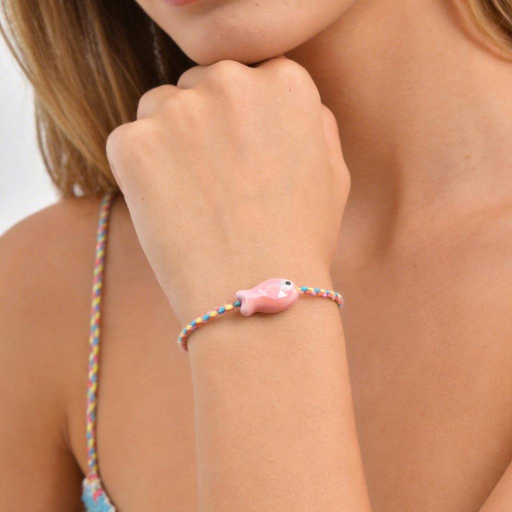 Vnox Trendy Multicolored Ocean-themed Ceramic Fish Woven Bracelet Boho Charm Rope Wristband Friendship Summer Beach Jewelry