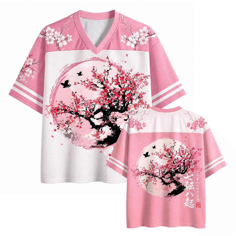 Sakura Kirschblüten Jersey Japanische Kunst Netz V-Ausschnitt Shirt Kurzarm T-Shirt Retro Blumendruck Grafik T-Shirt Oberteile für Herren Damen