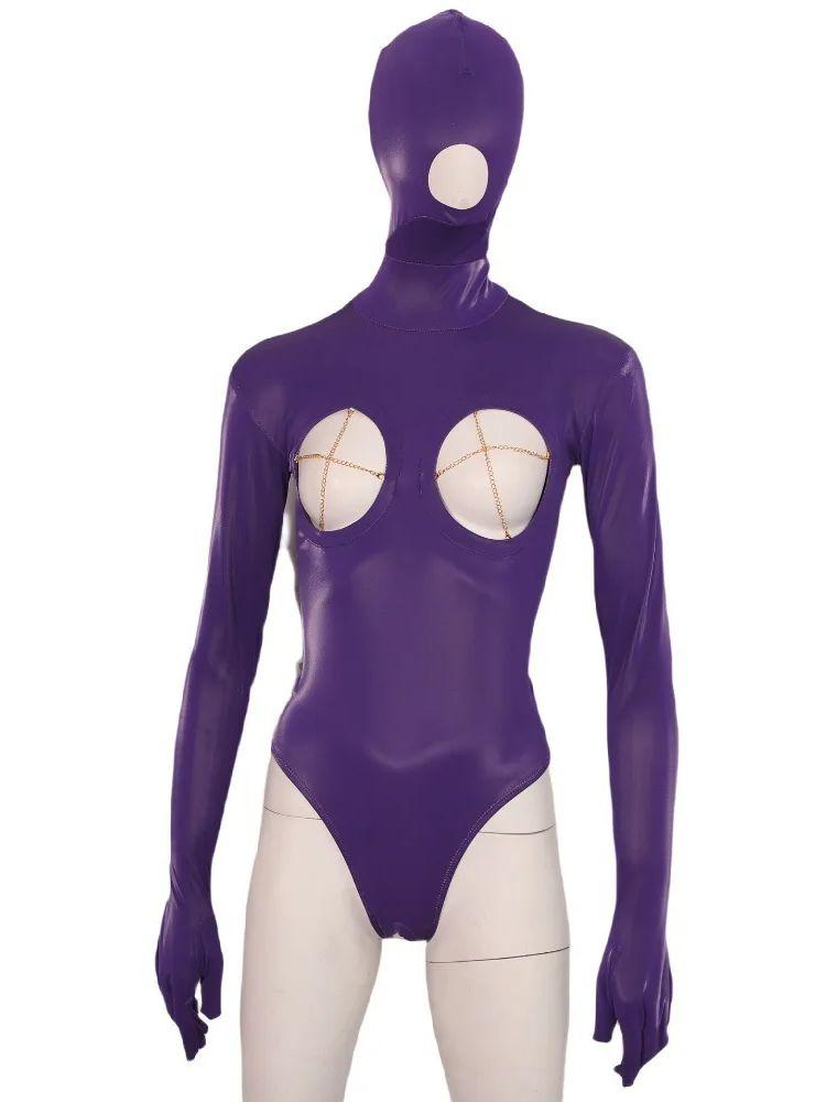Xs-4Xl Unisex Pu Leather Hooded Separate Fingers Catsuit Hollow Out Bust Open Crotch Bodysuit Tights Sexy Body Teddies Leotard