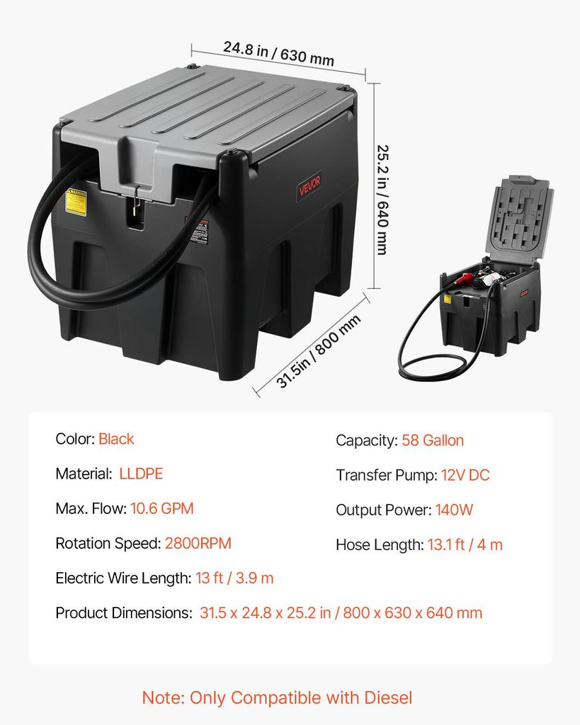 VEVOR Portable Diesel Tank, 220L Capacity & 10 GPM Flow Rate, Fuel Tank with 12V Electric Transfer Pump and 4 M Hose