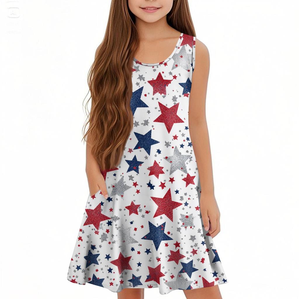 Children's Sleeveless U-neck Summer A-line Casual Independence Day Dress