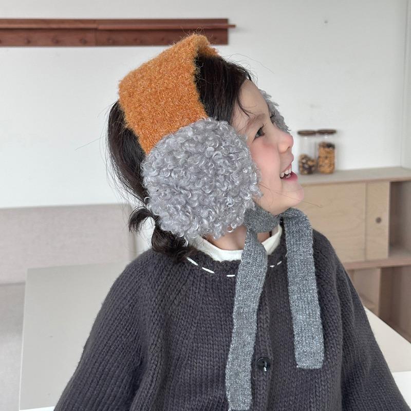 New Korean Kids Ear Muffs Winter Plush Tie-Back Ear Warmers Color Block Knitted Ear Covers for Girls Warm Fleece Headband