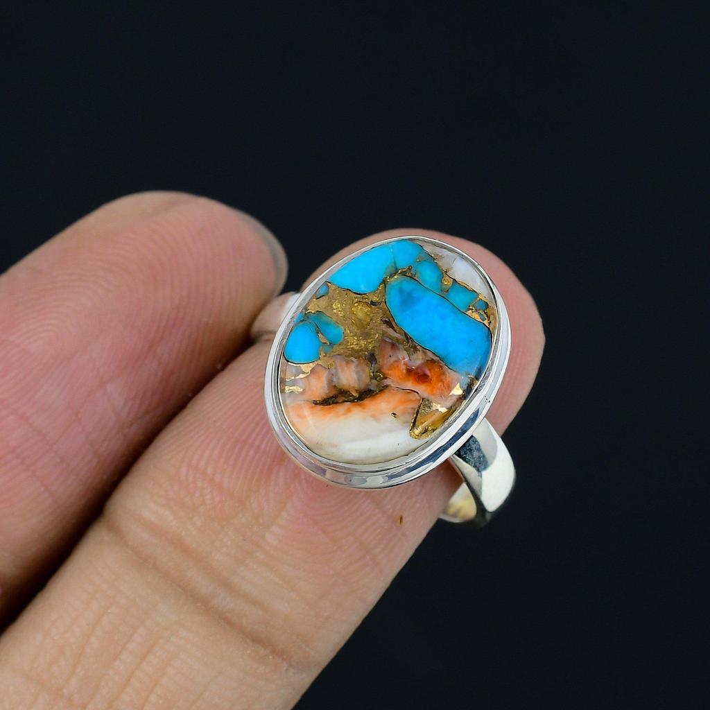 Naturalny Turkus Oysterski Kamień Szlachetny Pierścionek ze Srebra Próby 925 Owalny Kształt Dla Kobiet i Dziewcząt