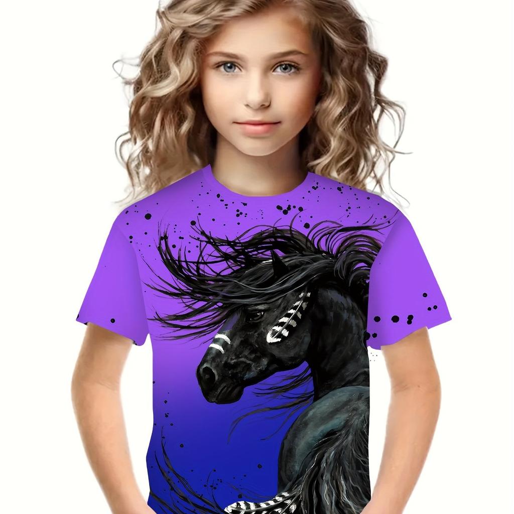 Girls Fashionable 3d Horse Graphic Tee Comfortable Crew Neck Children Girl Short Sleeve Tops Summer Outdoor Kids Clothes