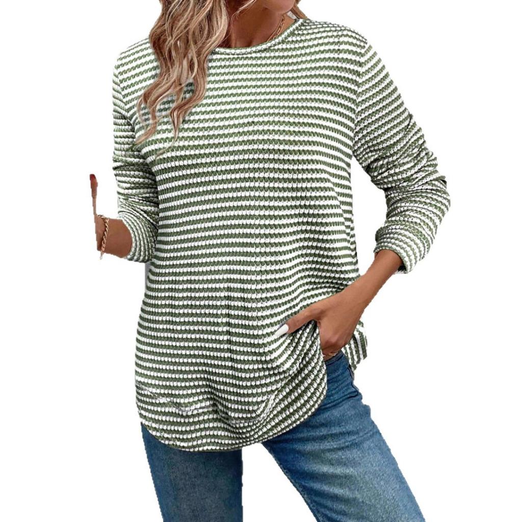 Women's Casual Long Sleeve Knit Hollow Stripe Round Neck Pullover T-shirt Top, Autumn Winter Fashion Top for Crossborder
