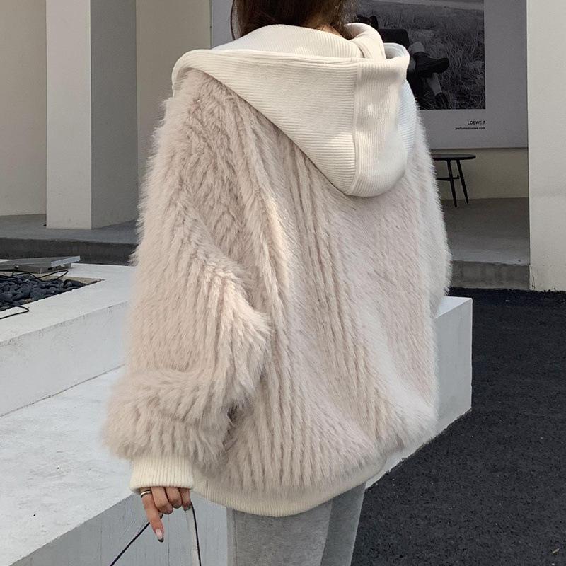 Lautaro Autumn Winter Loose Casual Hairy Shaggy Soft Warm Faux Fur Coat Women with Hood Long Sleeve Zipper Korean Fashion