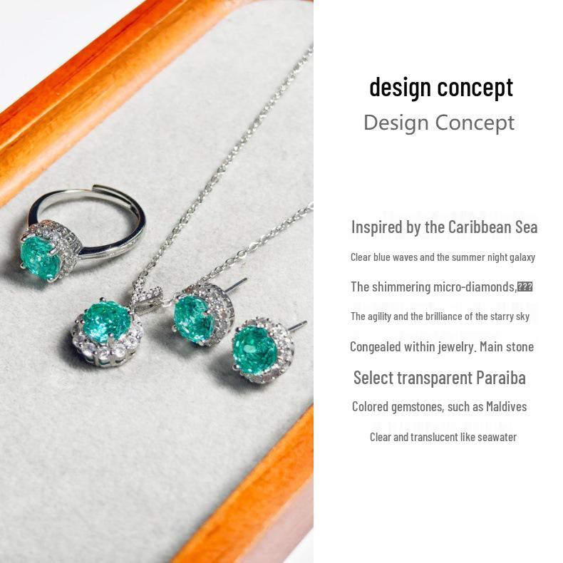 Gessen Paraiba Schlichtes Rosenschliff Schmuckset: Exquisite Ohrringe, Ring & Anhänger im leichten Luxusstil.