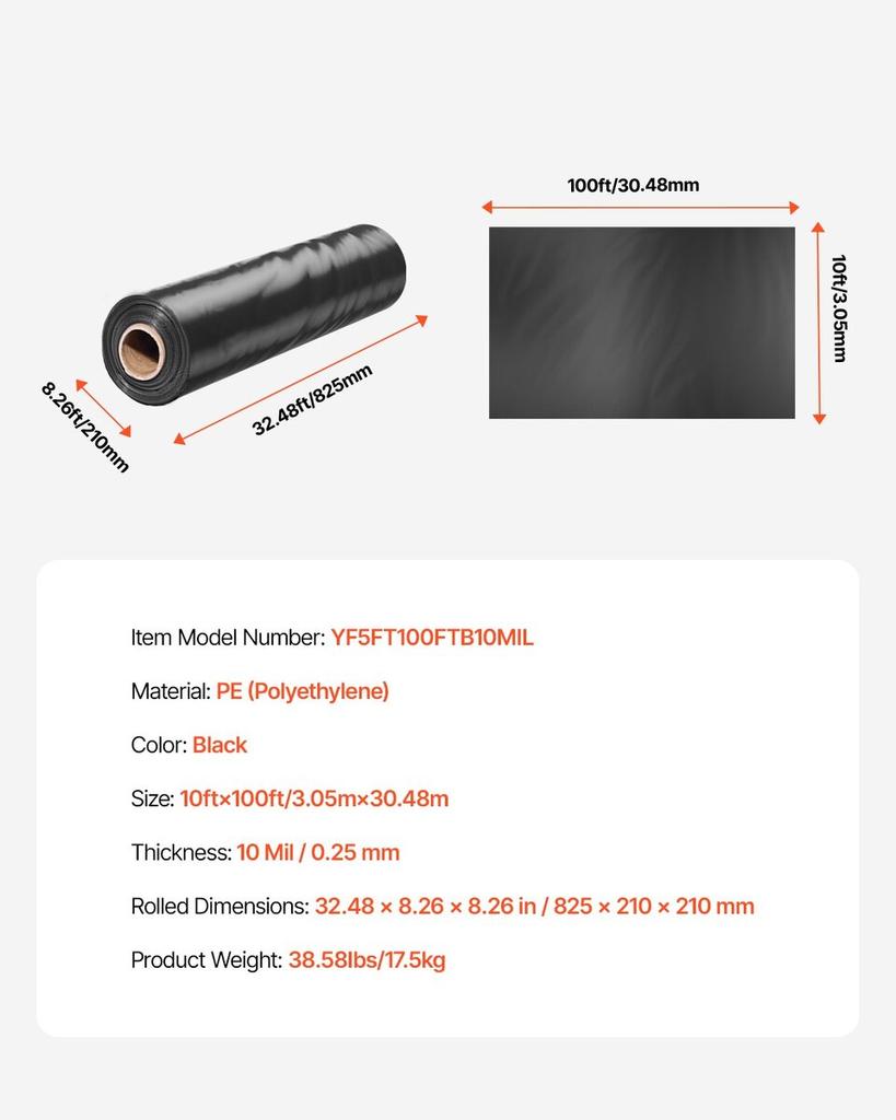 10Mil Plastic Sheeting Roll 10 X 100 FT Heavy Duty Polyethylene Black