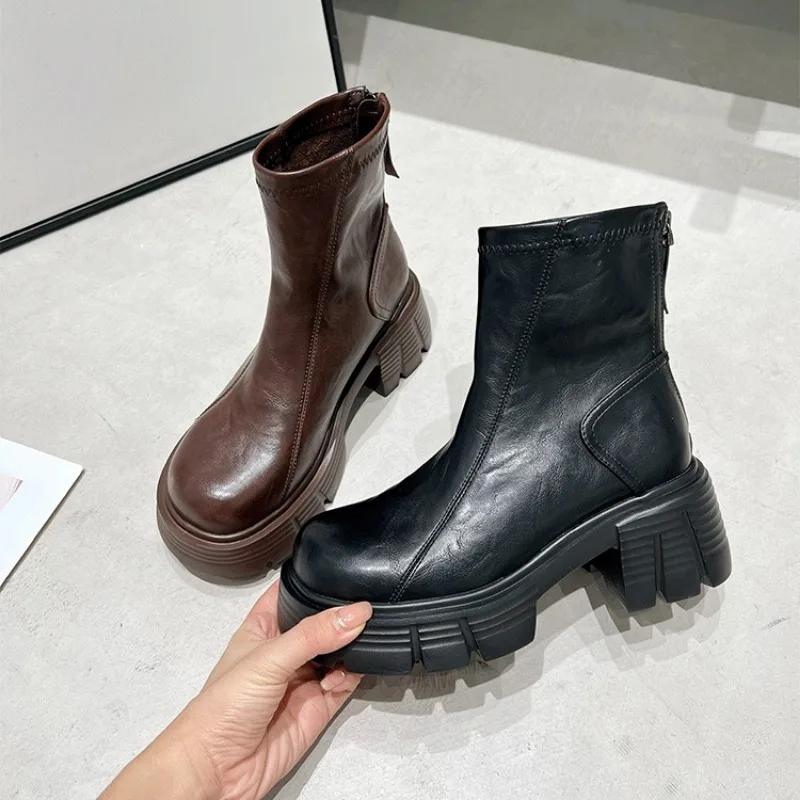 2024 High Quality Women's Shoes Ankle Women's Boots Concise Modern Boots Women Round Toe Med Heel Platform Back Zip Ladies Shoes