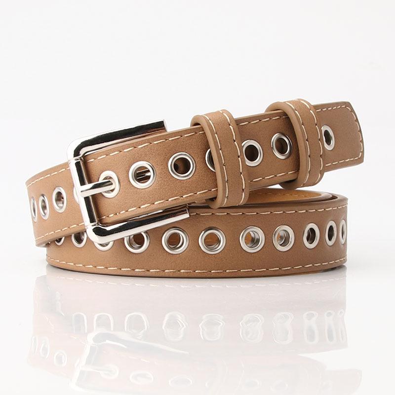 Summer Women High Quality PU Leather Hollow Out Rivet Thin Alloy Quadrate Pin Buckle Belt EMA