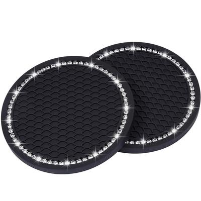 HUIKKJP Car Non-Slip Bling Car Drink Holder Cup Mat Vinyl Anti-Slip Vibration Proof Round Diameter 70mm Black Pack of 2