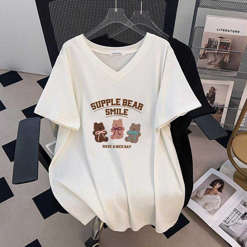 

Plus Size Loose Fit V-Neck Mid-Length Short Sleeve T-Shirt for Women - New Style 7XL белый