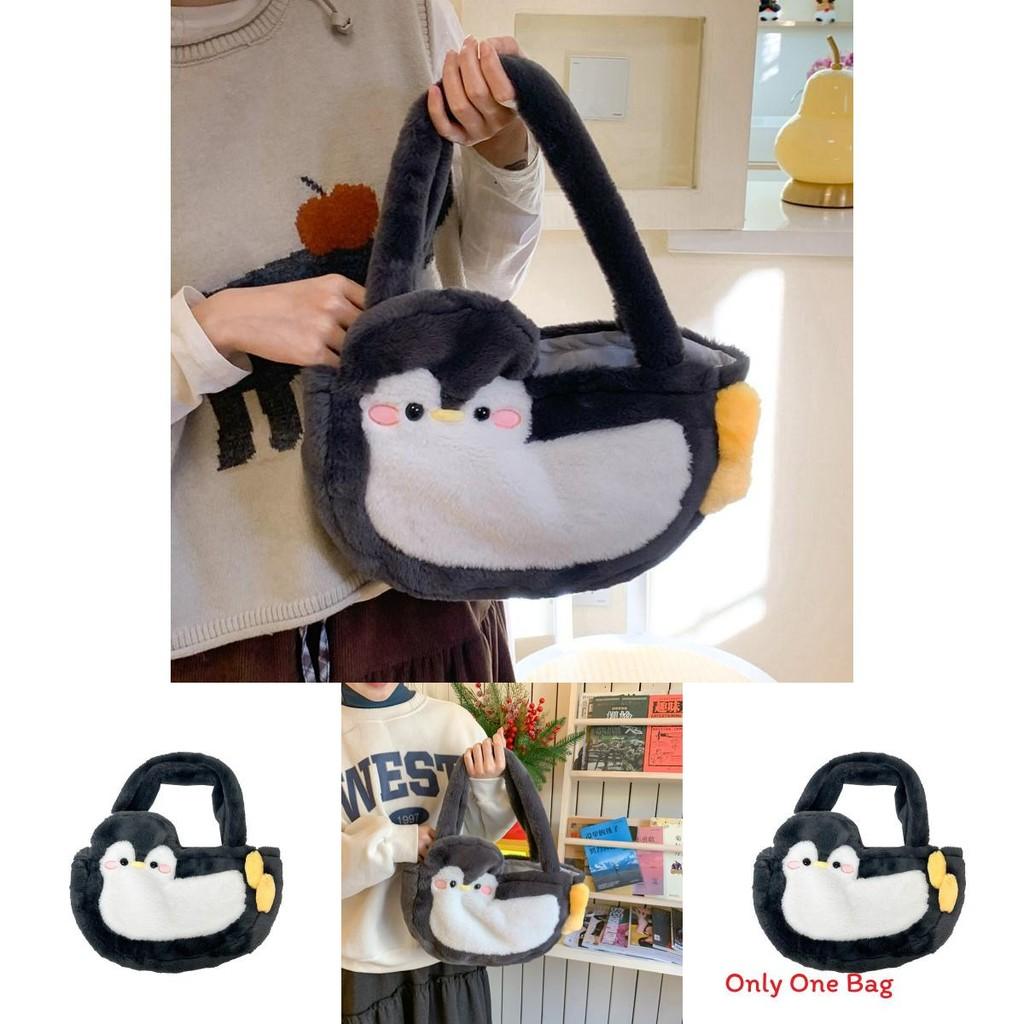 Penguin Plush Tote Bag For Girls With Soft Faux Fur And Zipper Interior