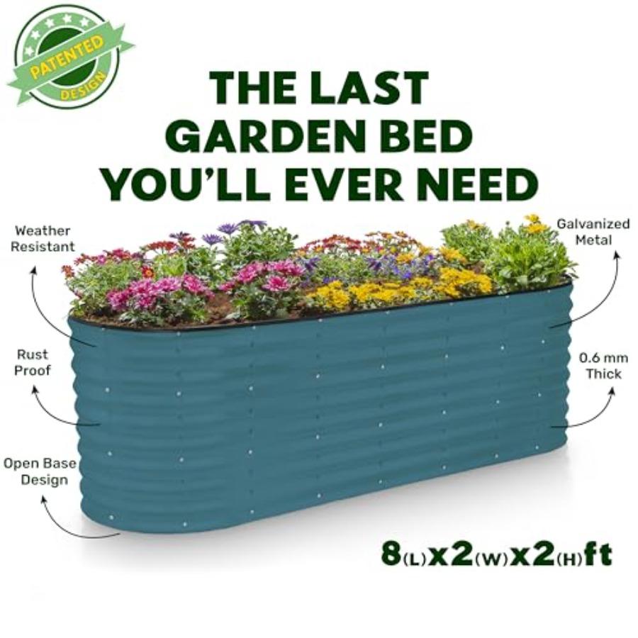 Turquoise 8×2×2 Ft Galvanized Raised Garden Beds Outdoor Metal Planter for Vegetables Flowers Large Garden Box Patented Tool-Fr