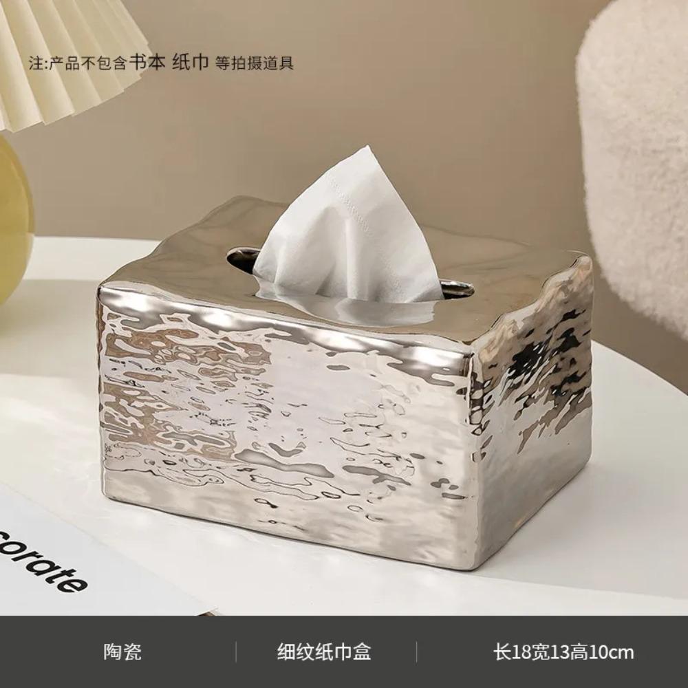 Creative Water Ripple Ceramic Tissue Box Living Room Pull-Out Tissue Box Electroplated Silver Napkin Holder Dining Table Decor